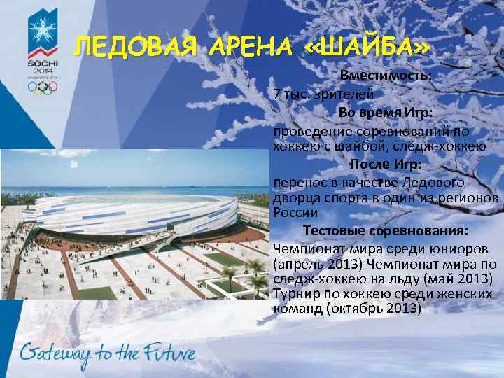 ЛЕДОВАЯ АРЕНА «ШАЙБА» Вместимость: 7 тыс. зрителей Во время Игр: проведение соревнований по хоккею