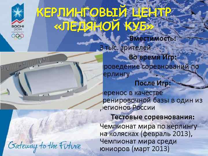 КЕРЛИНГОВЫЙ ЦЕНТР «ЛЕДЯНОЙ КУБ» Вместимость: 3 тыс. зрителей Во время Игр: проведение соревнований по
