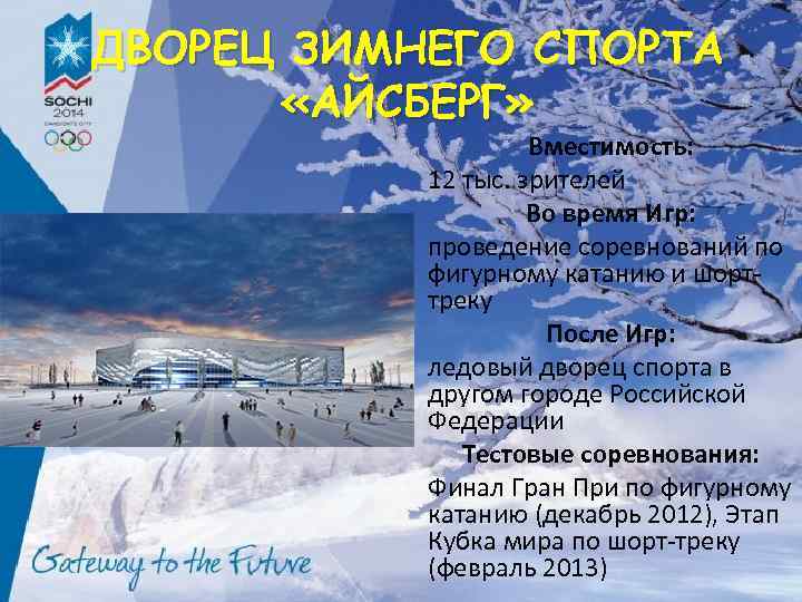 ДВОРЕЦ ЗИМНЕГО СПОРТА «АЙСБЕРГ» Вместимость: 12 тыс. зрителей Во время Игр: проведение соревнований по