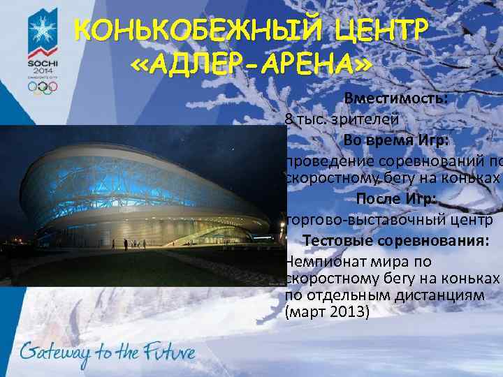 КОНЬКОБЕЖНЫЙ ЦЕНТР «АДЛЕР-АРЕНА» Вместимость: 8 тыс. зрителей Во время Игр: проведение соревнований по скоростному