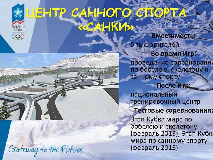 ЦЕНТР САННОГО СПОРТА «САНКИ» Вместимость: 5 тыс. зрителей Во время Игр: проведение соревнований по