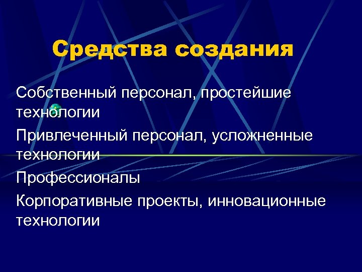 Средства создания Собственный персонал, простейшие технологии Привлеченный персонал, усложненные технологии Профессионалы Корпоративные проекты, инновационные