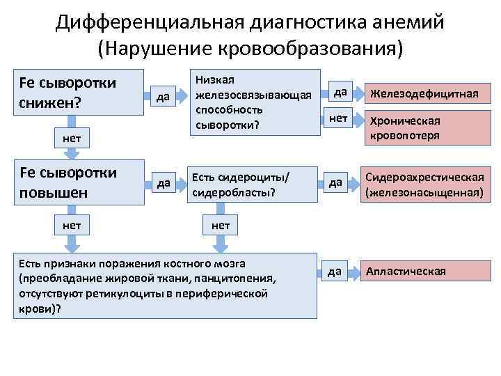 Дифференциальная диагностика анемий (Нарушение кровообразования) Fe сыворотки снижен? да нет Fe сыворотки повышен нет