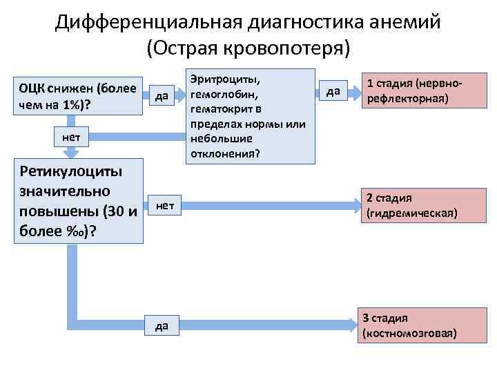 Дифференциальная диагностика анемий (Острая кровопотеря) ОЦК снижен (более чем на 1%)? да нет Ретикулоциты