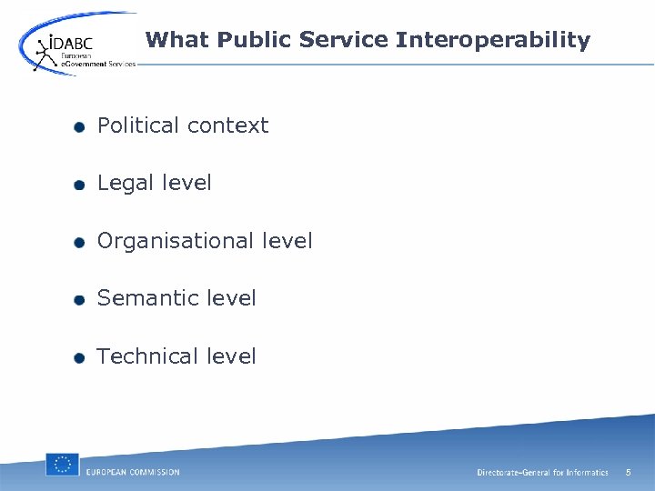 What Public Service Interoperability Political context Legal level Organisational level Semantic level Technical level