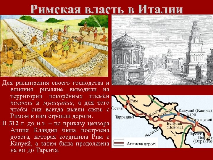 Римская власть в Италии Для расширения своего господства и влияния римляне выводили на территории