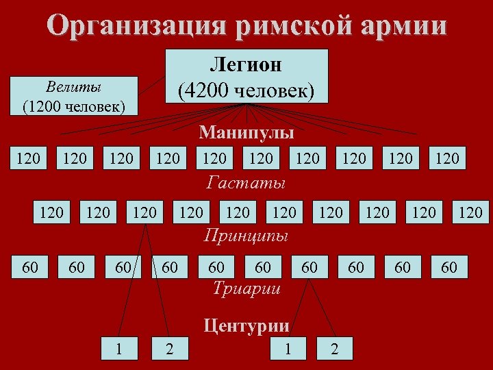 Организация римской армии Легион (4200 человек) Велиты (1200 человек) Манипулы 120 120 120 Гастаты