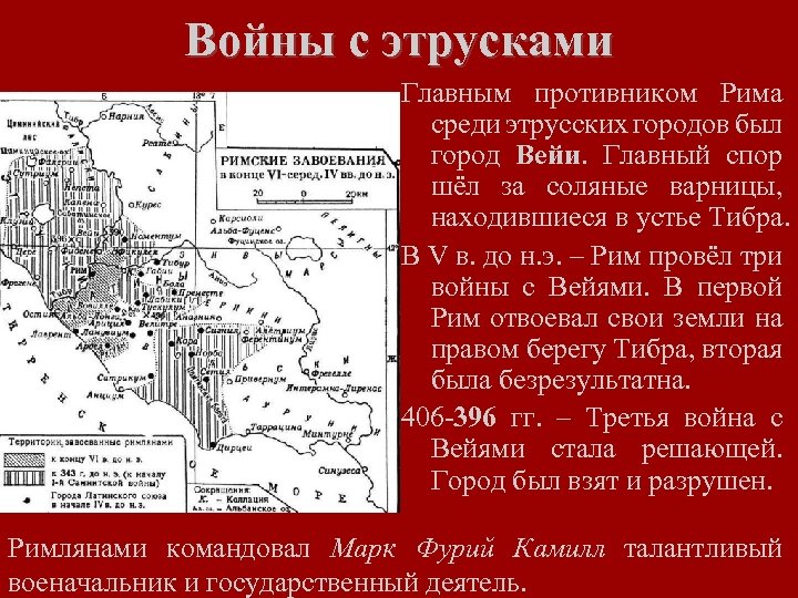 Войны с этрусками Главным противником Рима среди этрусских городов был город Вейи. Главный спор