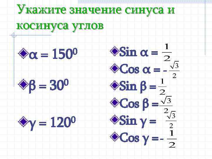 Укажите значение синуса и косинуса углов α = 1500 β= 0 30 γ =