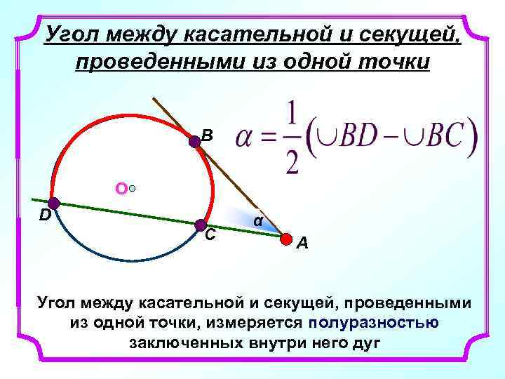 Угол между касательной и секущей, проведенными из одной точки B О D C α