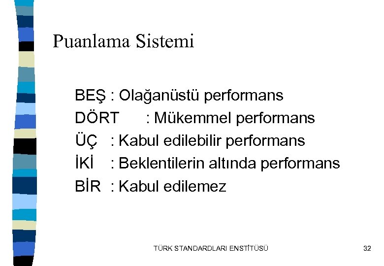 Puanlama Sistemi BEŞ : Olağanüstü performans DÖRT : Mükemmel performans ÜÇ : Kabul edilebilir
