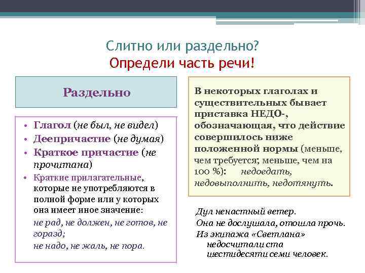 Слитно или раздельно? Определи часть речи! Раздельно • Глагол (не был, не видел) •