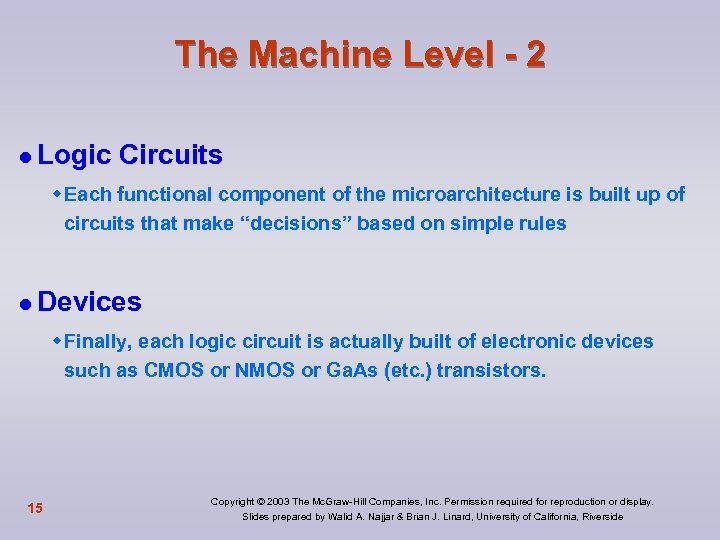 The Machine Level - 2 l Logic Circuits w Each functional component of the