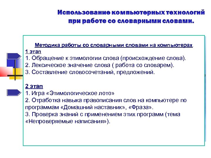 Методика работы со словарными словами на компьютерах. 1 этап 1. Обращение к этимологии слова