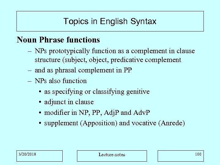 Topics in English Syntax Noun Phrase functions – NPs prototypically function as a complement