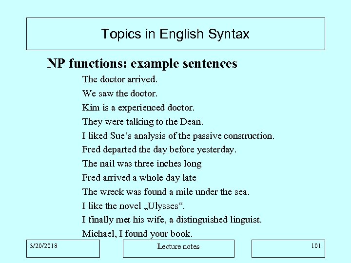 Topics in English Syntax NP functions: example sentences The doctor arrived. We saw the