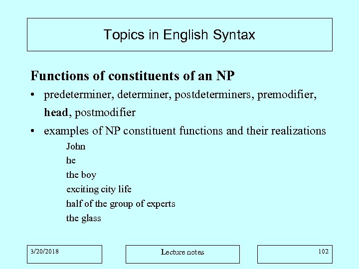 Topics in English Syntax Functions of constituents of an NP • predeterminer, postdeterminers, premodifier,