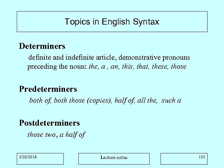 Topics in English Syntax Determiners definite and indefinite article, demonstrative pronouns preceding the noun: