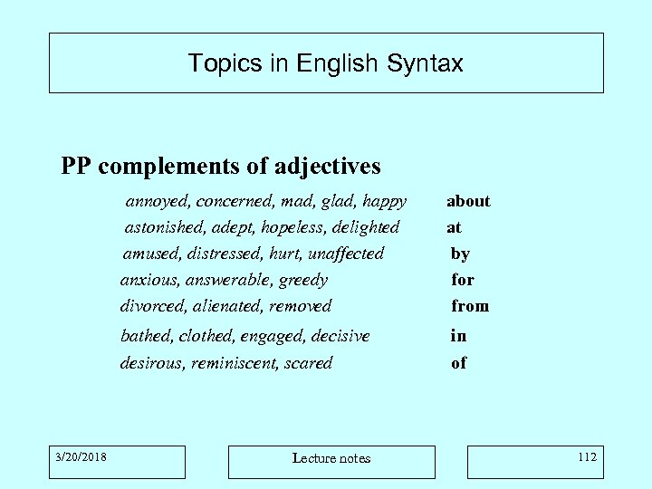 Topics in English Syntax PP complements of adjectives annoyed, concerned, mad, glad, happy astonished,