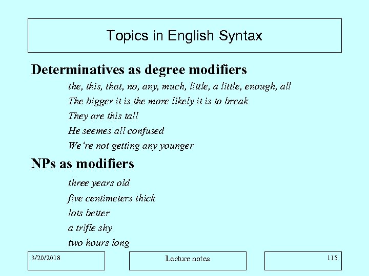 Topics in English Syntax Determinatives as degree modifiers the, this, that, no, any, much,