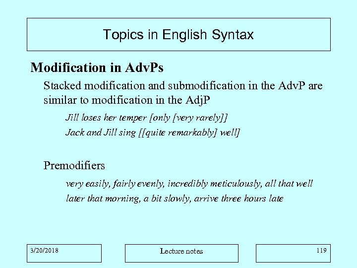 Topics in English Syntax Modification in Adv. Ps Stacked modification and submodification in the