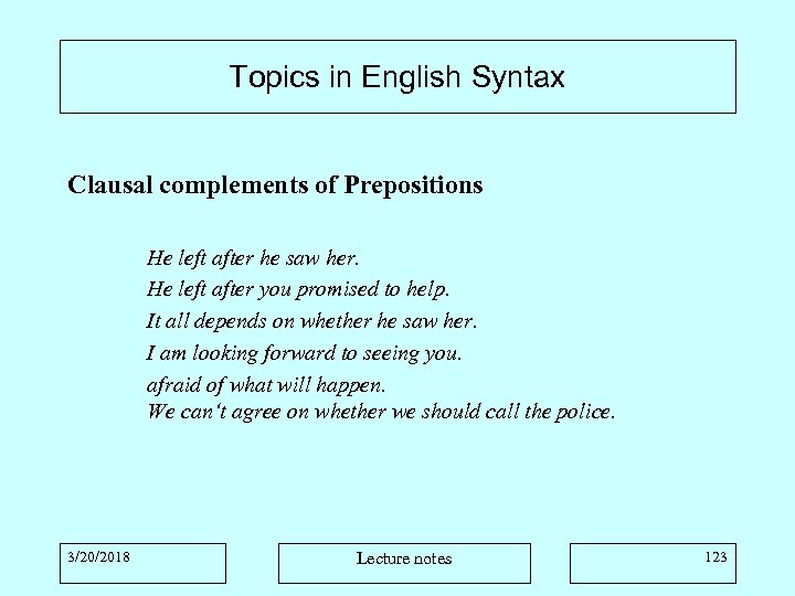 Topics in English Syntax Clausal complements of Prepositions He left after he saw her.