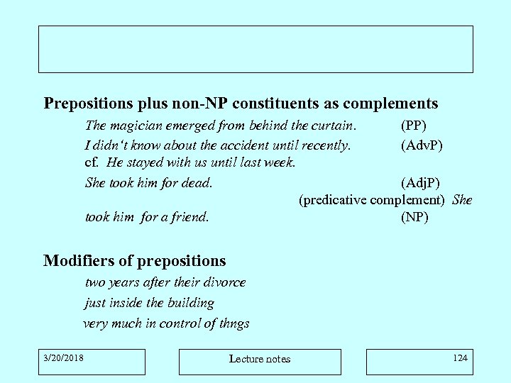 Prepositions plus non-NP constituents as complements The magician emerged from behind the curtain. (PP)