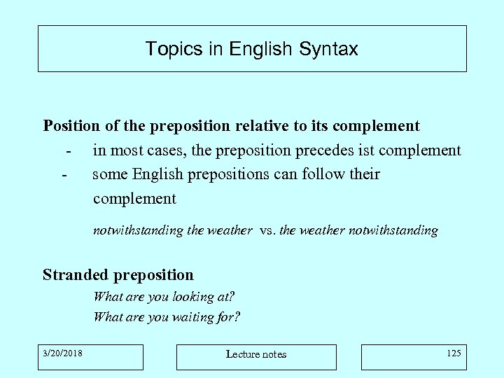 Topics in English Syntax Position of the preposition relative to its complement - in