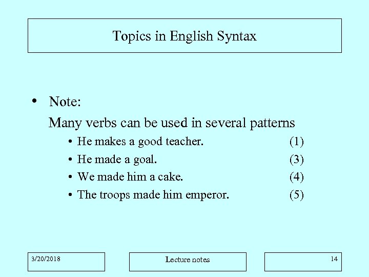 Topics in English Syntax • Note: Many verbs can be used in several patterns