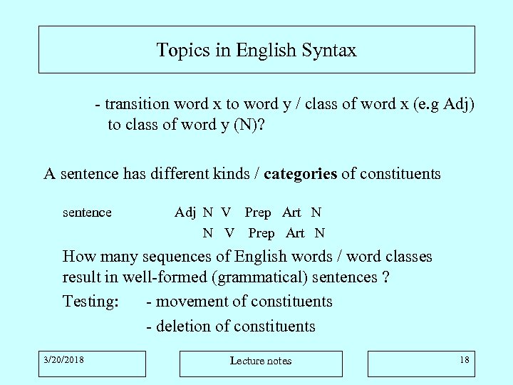 Topics in English Syntax - transition word x to word y / class of