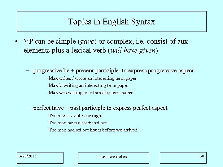 Topics in English Syntax • VP can be simple (gave) or complex, i. e.