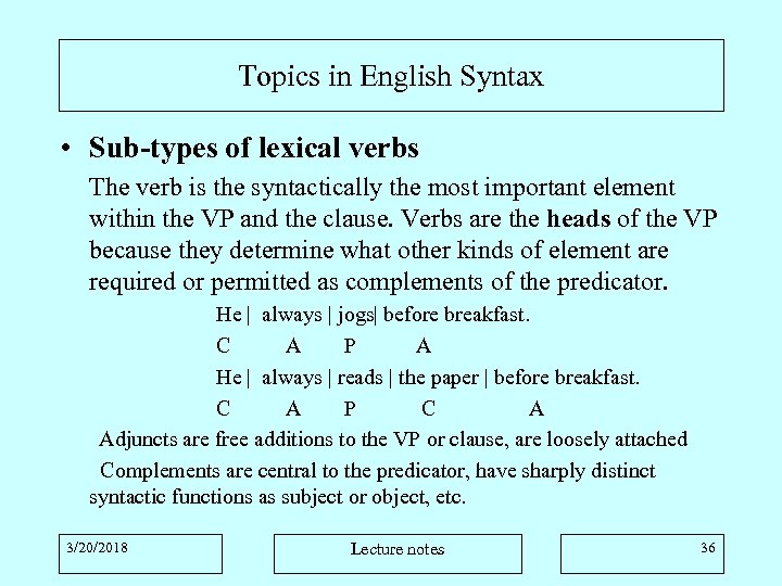 Topics in English Syntax • Sub-types of lexical verbs The verb is the syntactically