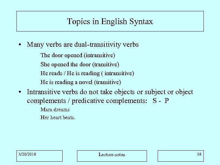 Topics in English Syntax • Many verbs are dual-transitivity verbs The door opened (intransitive)