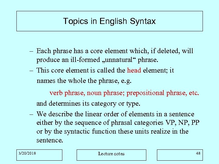 Topics in English Syntax – Each phrase has a core element which, if deleted,