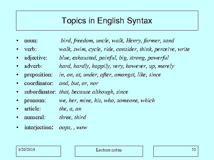 Topics in English Syntax • • • noun: verb: adjective: adverb: preposition: coordinator: subordinator: