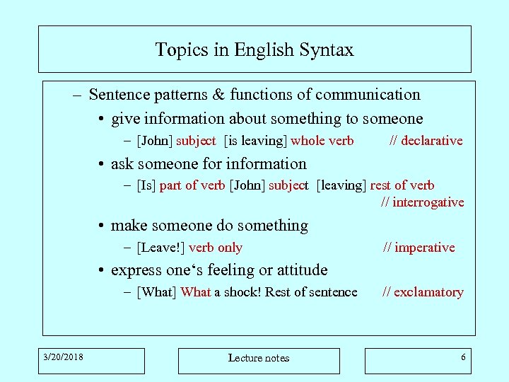 Topics in English Syntax – Sentence patterns & functions of communication • give information