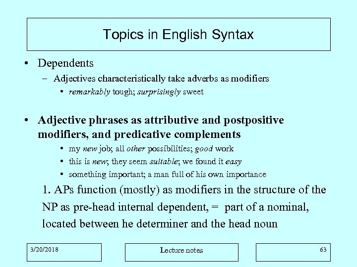 Topics in English Syntax • Dependents – Adjectives characteristically take adverbs as modifiers •