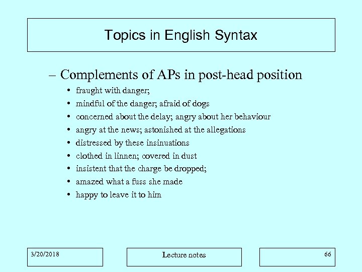 Topics in English Syntax – Complements of APs in post-head position • • •