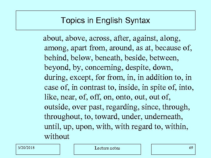 Topics in English Syntax about, above, across, after, against, along, among, apart from, around,