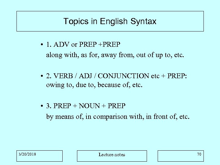 Topics in English Syntax • 1. ADV or PREP +PREP along with, as for,