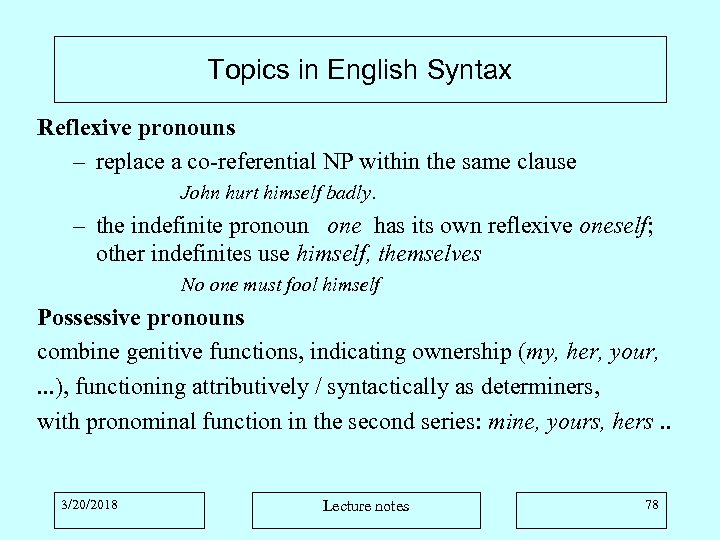 Topics in English Syntax Reflexive pronouns – replace a co-referential NP within the same