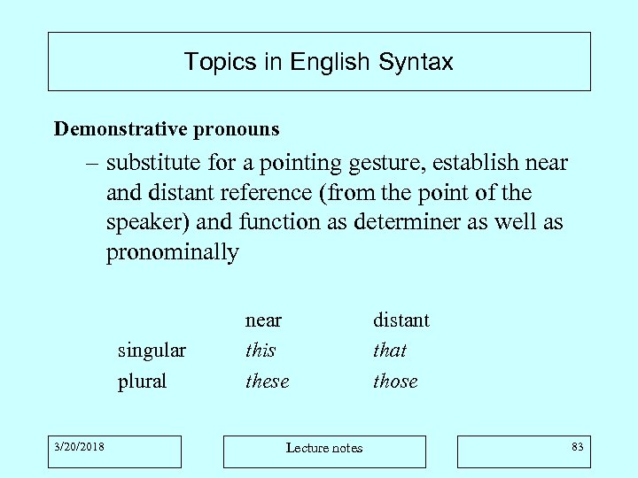 Topics in English Syntax Demonstrative pronouns – substitute for a pointing gesture, establish near