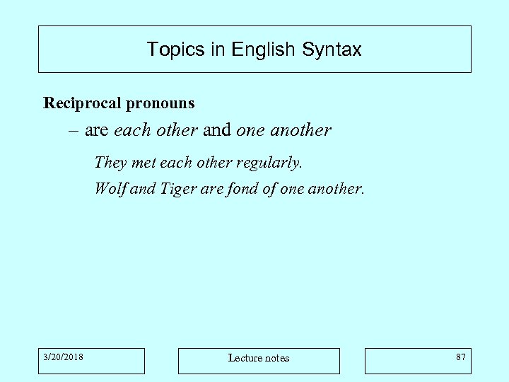 Topics in English Syntax Reciprocal pronouns – are each other and one another They