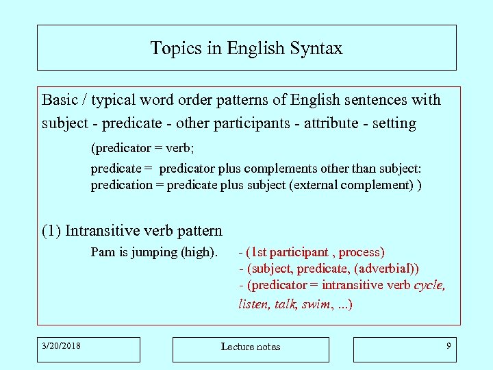 Topics in English Syntax Basic / typical word order patterns of English sentences with