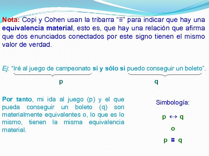 Nota: Copi y Cohen usan la tribarra “≡” para indicar que hay una equivalencia