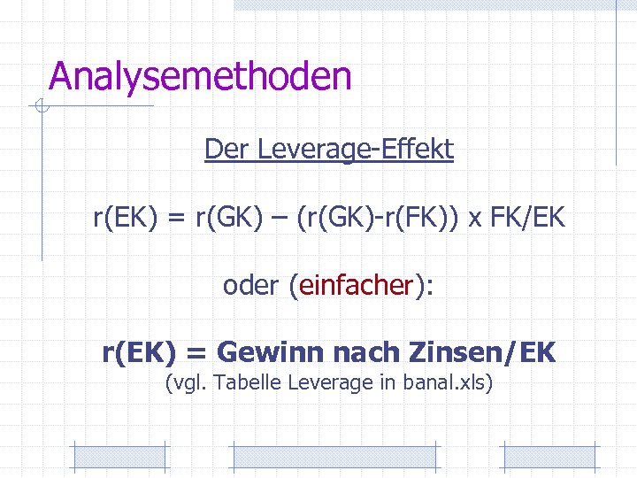 Analysemethoden Der Leverage-Effekt r(EK) = r(GK) – (r(GK)-r(FK)) x FK/EK oder (einfacher): r(EK) =