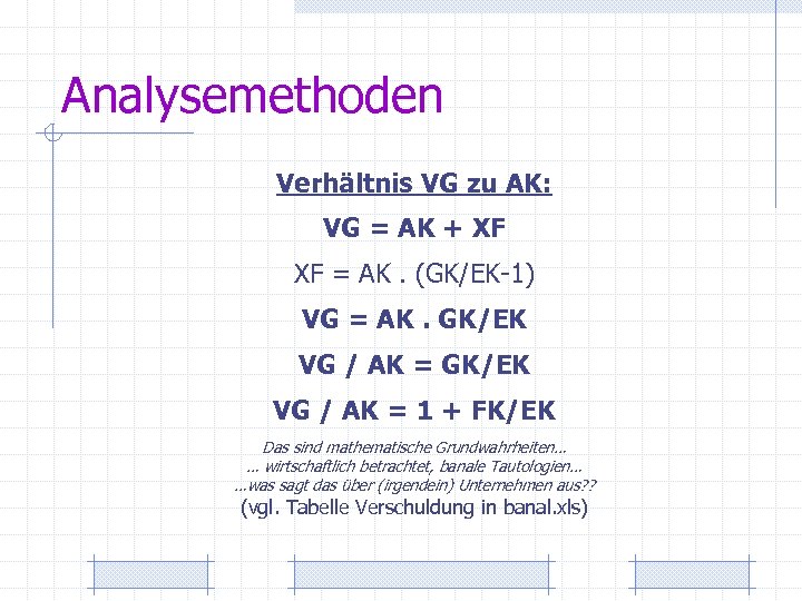 Analysemethoden Verhältnis VG zu AK: VG = AK + XF XF = AK. (GK/EK-1)