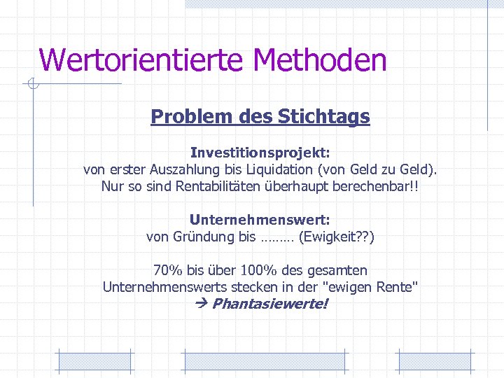 Wertorientierte Methoden Problem des Stichtags Investitionsprojekt: von erster Auszahlung bis Liquidation (von Geld zu