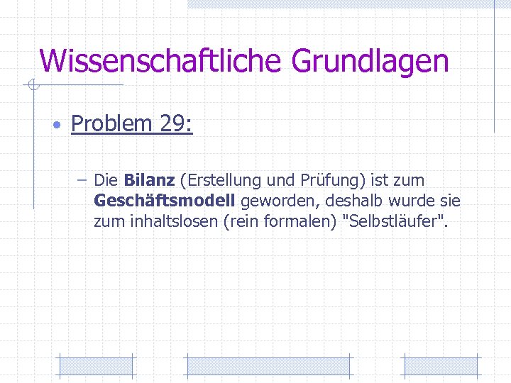 Wissenschaftliche Grundlagen • Problem 29: – Die Bilanz (Erstellung und Prüfung) ist zum Geschäftsmodell