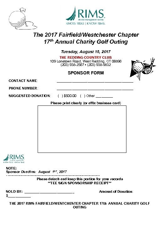 The 2017 Fairfield/Westchester Chapter 17 th Annual Charity Golf Outing Tuesday, August 15, 2017